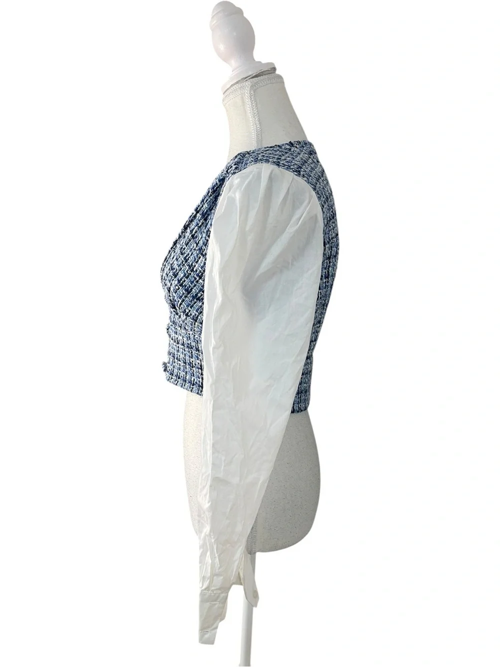 Zara Contrast Textured Tweed Cropped Blouse White Blue